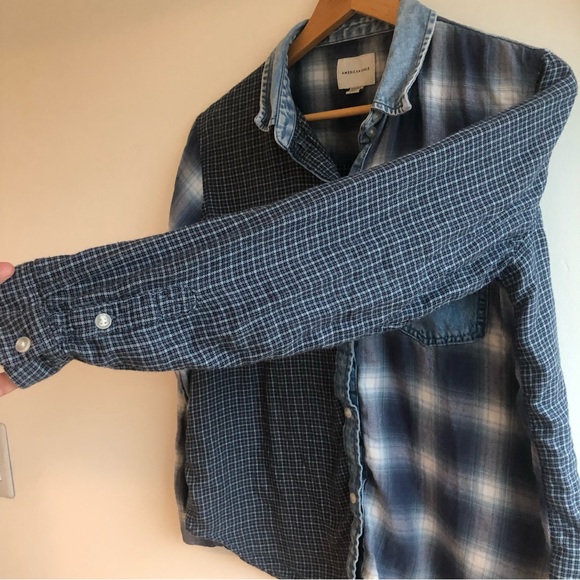 American Eagle mixed blue flannel denim button down shirt Sz XS - Picture 6 of 14